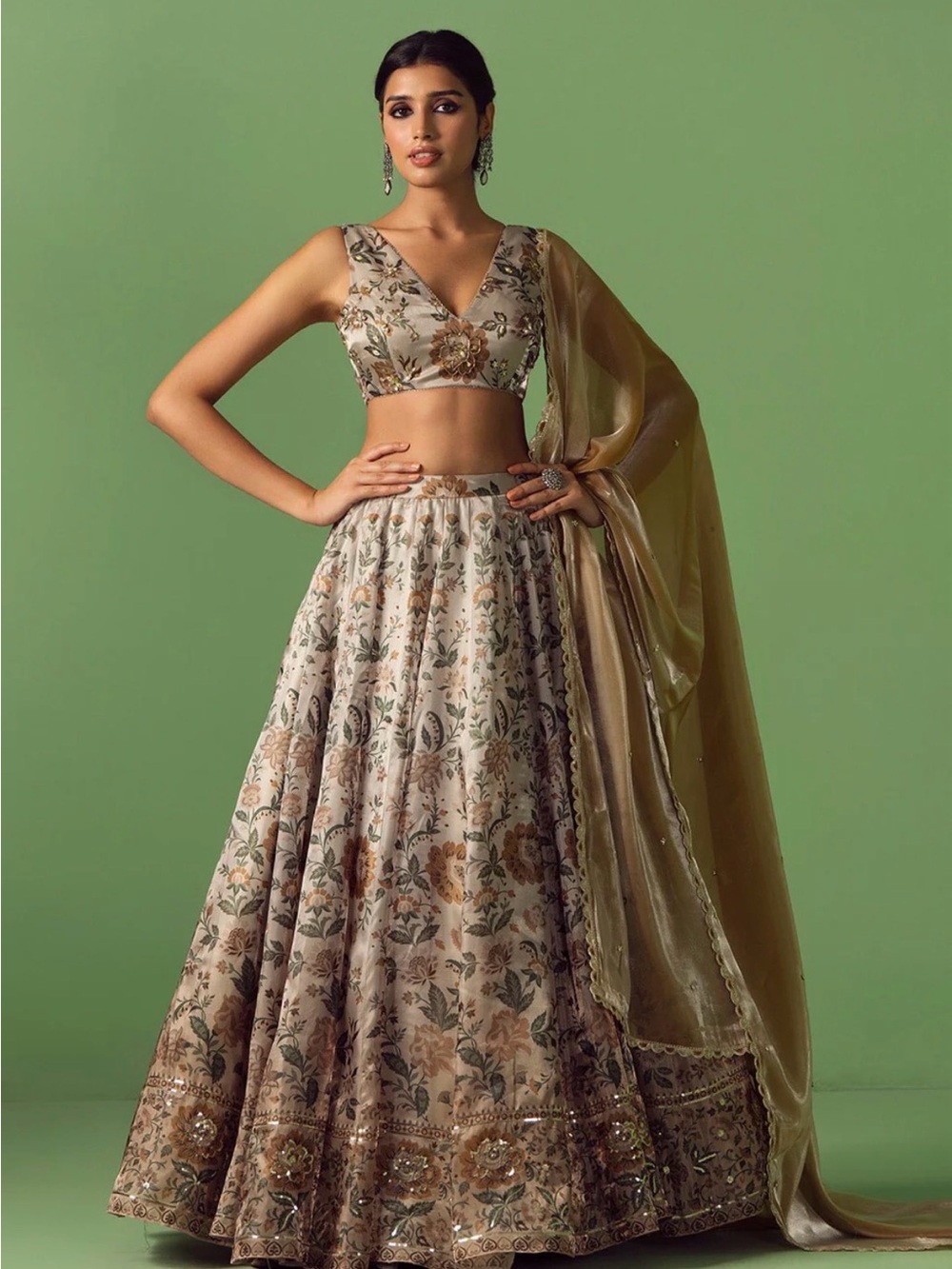Light Beige Floral Printed Lehenga from Lashkaraa